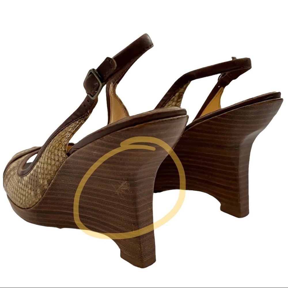 COLE HAAN Textured Snakeskin Slingback Peep Toe Wedge Sandals - Picture 6 of 9